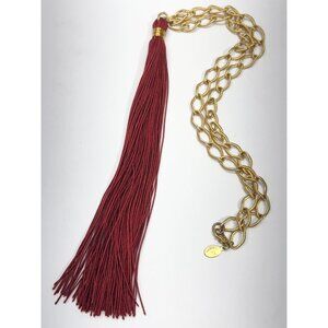 Burgundy red tassel long gold chain necklace